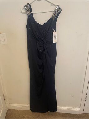 Ever Pretty Navy Sequin-Shoulder Evening Dress